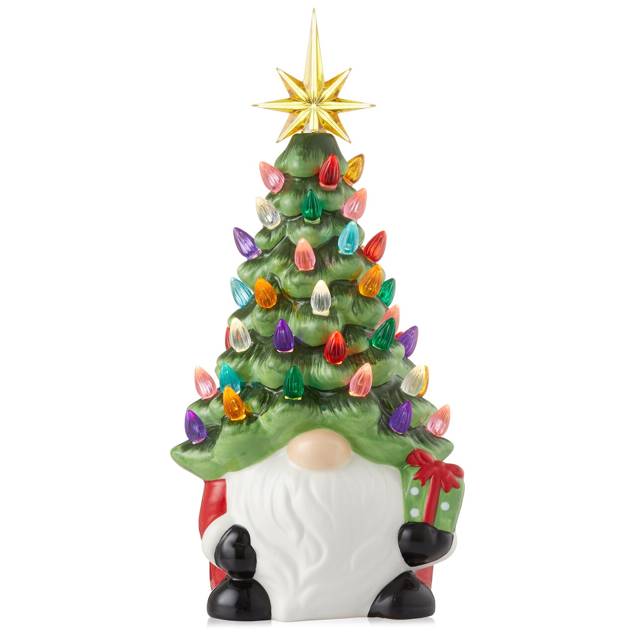 Casafield Hand Painted Ceramic Christmas Gnome with Tree, Red and Green Pre-Lit Gnome with 78 Multi Color Lights and Star Toppers